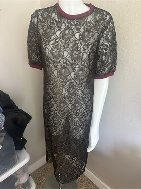 Zara Black Lace Midi Dress with Burgundy Trim